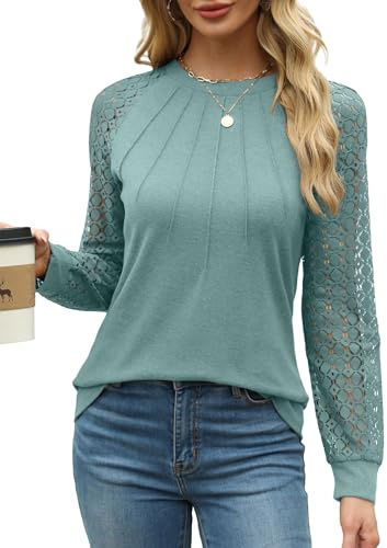 Aokosor Womens Tops Ladies Tops Lace Long Sleeve Crew Neck Pleated Shirt Long Sleeve Tops Women