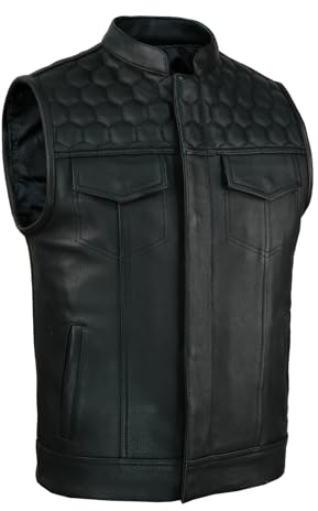 Leatherick Honeycomb SOA motorcykelväst för män i äkta läder - svart dold bärväst motorcykelväst med polyesterfoder, Svart, 52