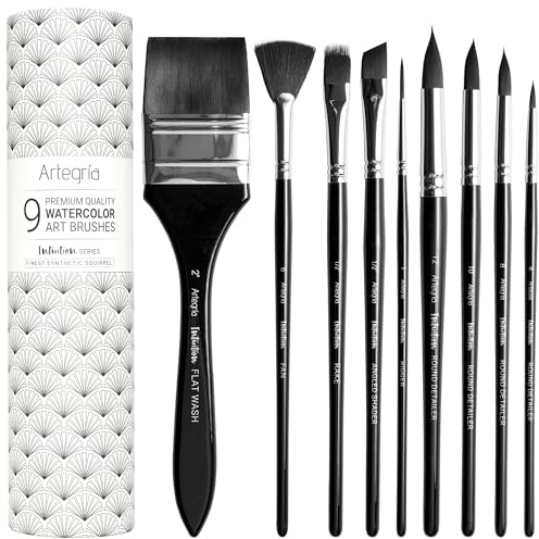 ARTEGRIA Aquarellpinsel-Set, 9 professionelle Pinsel aus weichem synthetischem Eichhörnchenhaar, darunter feine Rundpinsel, Flachpinsel, Rigger, Rechenpinsel, Fächerpinsel und Schrägpinsel