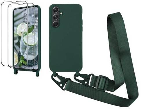 CaseLover Mobile Phone Case for Samsung Galaxy A16 4G/5G, Premium Silicone Necklace Mobile Phone Case with 2 Protective Films, Adjustable Cord for Hanging, Shockproof Protective Case, Dark Green