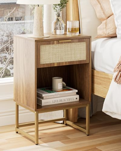 HEYZOEY® Nachttisch mit Schublade, 40 cm breiter Beistelltisch mit großem Fach, moderner Nachtschrank für Schlafzimmer, Wohnzimmer oder Büro (40 x 30 x 60 cm, Nussbaum im Rattan-Stil)