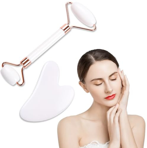 SJBAUTYO 2 pcs Gua Sha Rodillo Facial de Jade, Masajeador de Cara y Cuello, Gua Sha Suaviza, Calma y Relaja la Piela