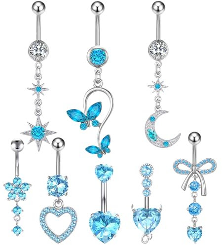 TYXHXTF 8 Stück Bauchnabelpiercing, Piercing Schmuck, Bauchpiercing Piercing Bauchnabel Schmuck, Herz Schmetterling, Schmetterling Herz, Nabel Ringe（Blau）