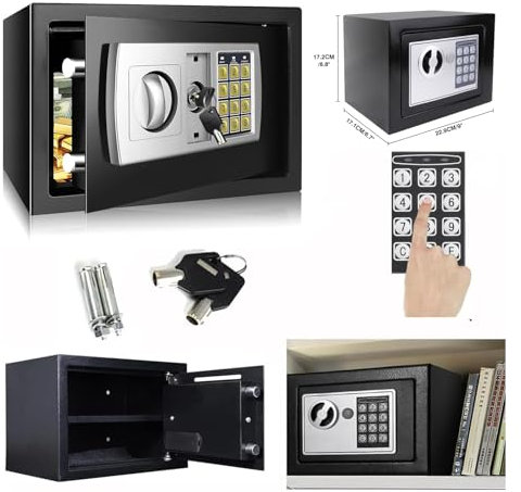 4,6L Tresor,Mini Tresor für Zuhause Feuerfest Wasserdicht Elektro Safe Mit 2 Notschlüssel Home Office Safe Wandmontage Für Bargeld Medikamente Schmuck, Schwarz- 23 x 17 x 17 cm