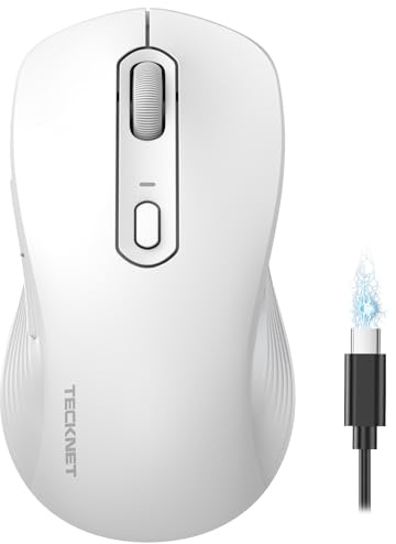 TECKNET Bluetooth Maus, PC Maus Kabellos, Wiederaufladbar Computer Maus 4800 DPI, (BT 5.0/3.0+2.4 GHz) Ergonomische Silent Wireless Mouse, Funkmaus für Laptop, Mac OS, Android, Windows, Weiß