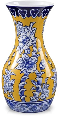 Hollyone Blau und Gelb Blumenvase, 27CM Keramikvase mit Breiter Öffnung und Blumenmuster, Große Retro Chinoiserie Vase Deko, Vintage Vase für Blumen Tisch Centerpiece Wohnzimmer Dekoration