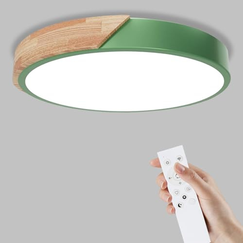 Yexati Plafón LED Redondo de Madera, 32W 6000K/4000K/3000K,3200LM, IP44 Lámpara de Techo Regulable con Mando a Distancia,Lampara LED Techo Modernos de Madera con para Baño, Cocina, Balcón, Verde