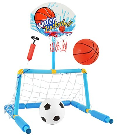 Jingmiger Cestino da basket per piscina, porta da calcio da piscina multifunzione, gioco acquatico con cestino da basket, 2 palline + pompa per 4 adulti, famiglia da viaggio
