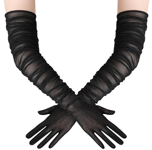 BABEYOND Lange Handschuhe für Damen - Weiches Stretch-Mesh-Tüll, Elegante Opernhandschuhe für Hochzeiten, Bälle, Abendgarderobe, Weihnachtsfeiern, Karneval und Vintage-Kleidung Schwarz