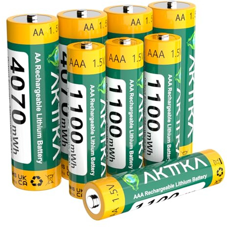 AKTTKA 4 Piles AA + 4 Piles AAA Lithium Rechargeables,AA 4070mWh & AAA 1100mWh,1,5V.Parfaitement Adaptées Aux Télécommandes,balances Électroniques,thermomètres,capteurs,manettes De Jeu Et Autres