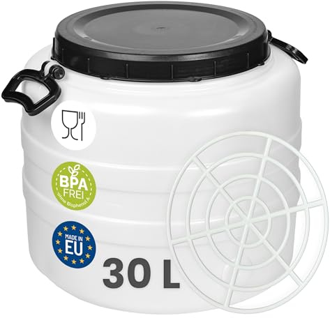 Garronda Bidón de Agua 30 L con Prensa Barril HDPE GD-0187 Blanco | Barril HDPE con prensa para agua y alimentos; ideal para almacenamiento, fermentación y recogida de lluvia