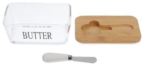 Gadpiparty Caja de Mantequilla Hermética de Cristal con Tapa de Bambú y Cuchillo, Mantequillero para Cocina y Refrigerador, Diseño Compacto para Conservar Mantequilla y Queso Fresco,