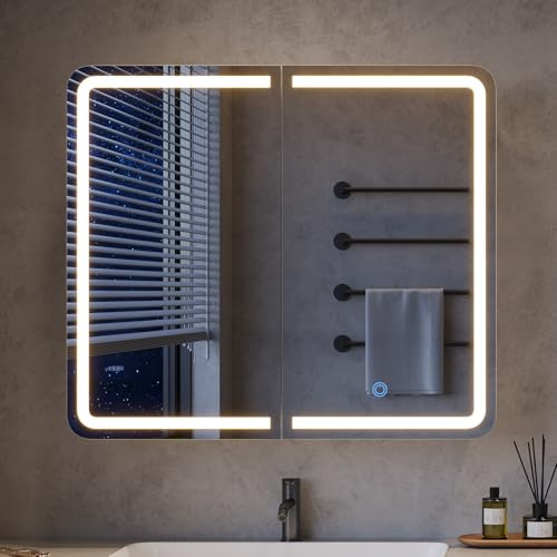 mojiasion 2-türiger Spiegelschrank Bad mit Beleuchtung – 70 cm breit, Alibertschrank mit LED, Touch-Sensor, 3 Lichtfarben, dimmbar & integrierter Ladestation (2 USB + 2 Steckdosen)