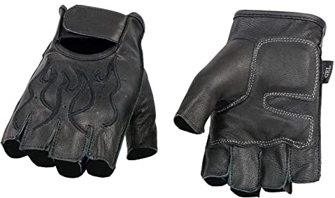 Milwaukee Leather SH198 Men's Black Flame Embroidered Fingerless Gloves with Gel Palm (X-Large)