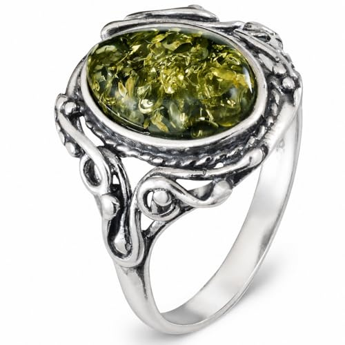 HolidayGiftShops Sterling Silver and Baltic Green Amber Adult Ring Georgine - GIA Certified- size 6