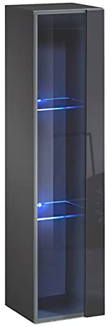 MB Muebles Bonitos, Vitrina Colgante Berit para Salón o Comedor Moderno con Luz LED, Mueble Modular, Puerta de PVC Alto Brillo, Estructura Melamina Mate, Color Gris, 30x120 cm
