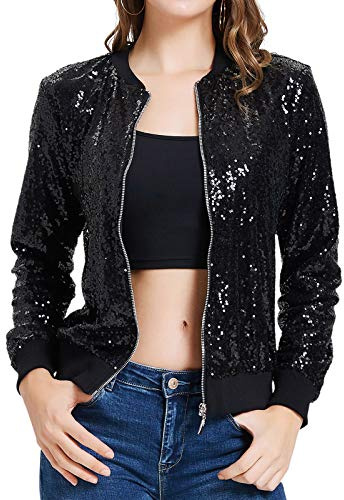 KANCY KOLE Women's Sequin Blazer Long Sleeve Plus Size Clubwear Zipper Front Jacket with Pockets(2XL,Black)