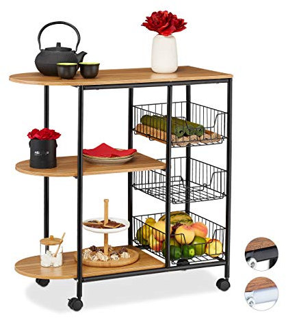 Relaxdays Servierwagen, Küchenwagen m. 3 Ablagen & 3 Körben, Industrie, Metall & MDF, HBT 84x83x37 cm, schwarz/hellbraun, Design C