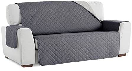 S & T Funda Cubre Sofá Reversible. Protector de Sofá Acolchado Antiácaros Fabricado en España Poliéster 100% (4 Plazas, Gris Oscuro)