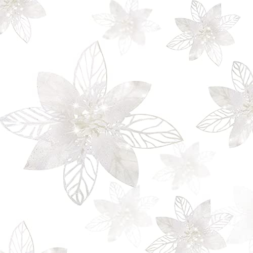 Boao 24 Stück Weihnachten Glitzer Künstliche Weihnachtssterne Blumen Weihnachtsblumen Dekorationen Hochzeit Weihnachtsbaum Neujahr Ornamente (Weiß) | Clip on Glitter Blume Weihnachtsschmuck Weihnachtsbaum Ornamente 3 Größen für Hochzeit Neujahr