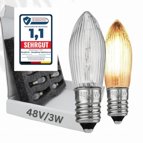 10x Glühbirne 'Berglämpl' E10 48V/3W Riffelkerze Spitzkerze Topkerze Glühlämpchen für Schwibbogen und Lichtbögen, Gelbglühend