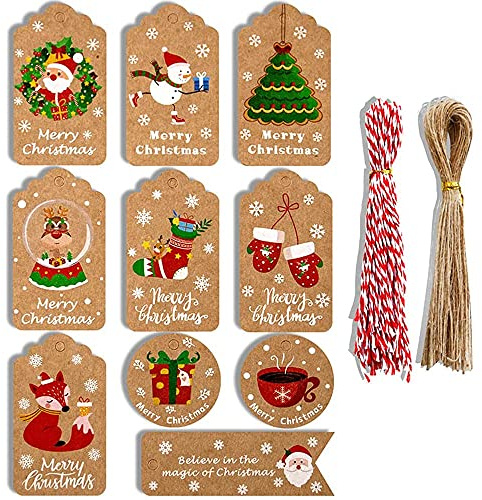 100 Pezzi Etichette Regalo di Natale, Etichette in Carta Kraft, Tag Regalo, Etichette Regalo, 10 Stili, con Spago di Juta e Spago Rosso e Bianco, per Decorazioni Natalizie e Confezioni Regalo