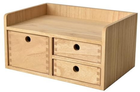 KIRIGEN Wooden Desk Organiser with 3 Drawers and Shelf, Natural