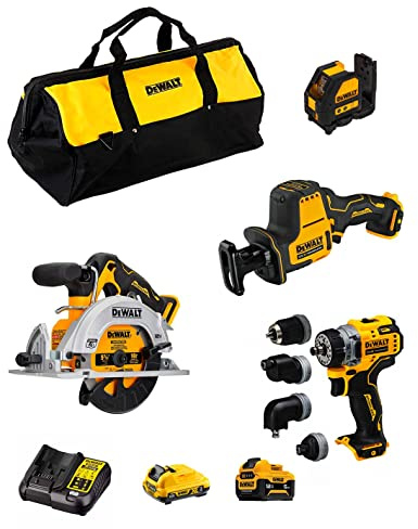 DeWALT Kit D12K404 (DCS512 + DCS312 + DCD703 + DCE088 + 1 batterie 3,0 Ah + 1 batterie 5,0 Ah + ladegerät + Tasche)