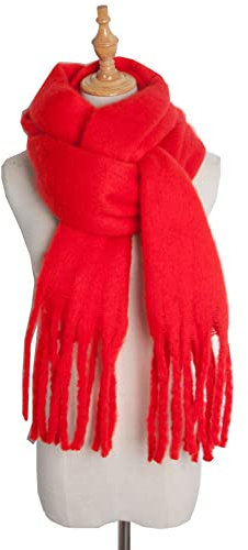 Duories Winter Gestrickte Damen Schal,Warme Fransen Quasten Winterschal Deckenschal Langschal Herbstschal Strickhalstuch Extra Weiche Länge Dickes Umschlagtuch Poncho Schals Scarf Strickschal,Rot