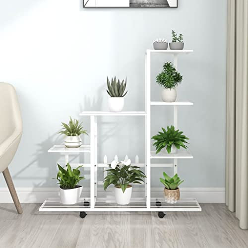 homiuse Blumenständer auf Rollen 94,5x25x92,5 cm Weiß PflanzenstäNder Pflanzenregal BlumenstäNder Metall Blumentreppe PflanzenstäNder Metall Pflanzenregal Indoor Blumenregal Metall Metall
