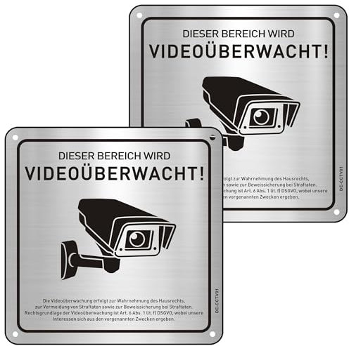 Schild Videoüberwachung mit DSGVO Hinweis, 15x15cm Dieser Bereich Wird Videoüberwacht Alu Schild mit Selbstklebend 2st