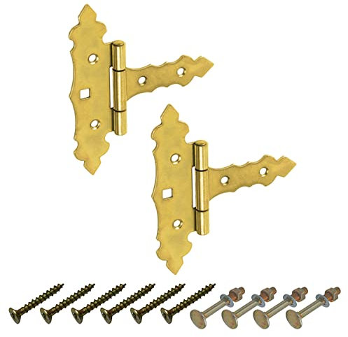 BRESKO Kreuzgehänge dekorativ Ladenband Scharnier T Bänder Torband Türbänder verzinkt 2er Set mit Schrauben (Gelb, 75x35x130 mm)