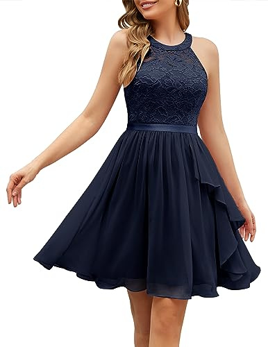 Wedtrend Vestido de cóctel elegante para boda, línea A, con cuello alto, vestido de encaje, vestido de noche, de rodilla, de gasa, vestido de graduación para mujer, azul marino, M