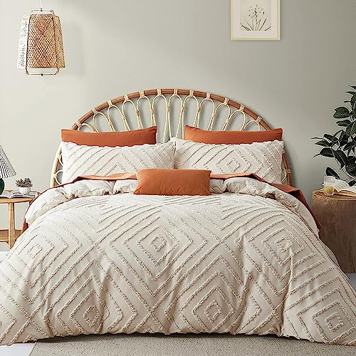 Parure de lit Tuftée Bohème 200x200 Beige et 2 Taies d'oreiller 65x65 | Broderie à la Main Parure de lit 2 Personne en Microfibre avec Fermeture Beige Ensemble de literie
