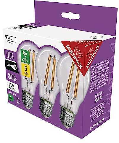 EMOS - LED-Glühbirne Filament A60 - A Klasse Vintage-Glühbirne - E27 Sockel - neutralweiß - 806lm - extra-sparsam, 3,8W (statt 60W Birne) - 50 000 Stunden - Winkel 300° - CRI min. 80-3er Pack