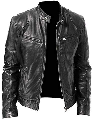 Men's Leather Biker Jacket - Vintage Leather Jacket Men Motorcycle - Stand Collar Distressed Leather Bomber Jacket Men(Black,5X-Large)