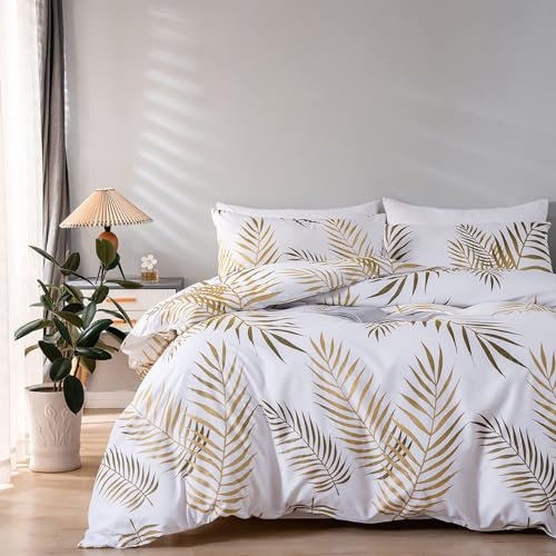 MUUWUU Set Housse de Couette 200x200 cm Motif Feuilles Tropicales Dorées Botanique 2 Personnes et 2 x Taies d'oreiller 50x75 cm 100% Microfibre Parure de Linge de Lit avec Fermeture Éclair