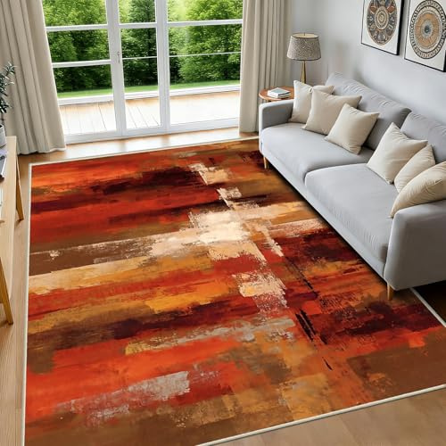 FTCJWL Teppich Bunt Wohnzimmer 200x300cm großer Kurzflor Teppiche Waschbar Rugs for Living Room Schlafzimmer Esszimmer Kinderzimmer Büro(Braun Rot Orange