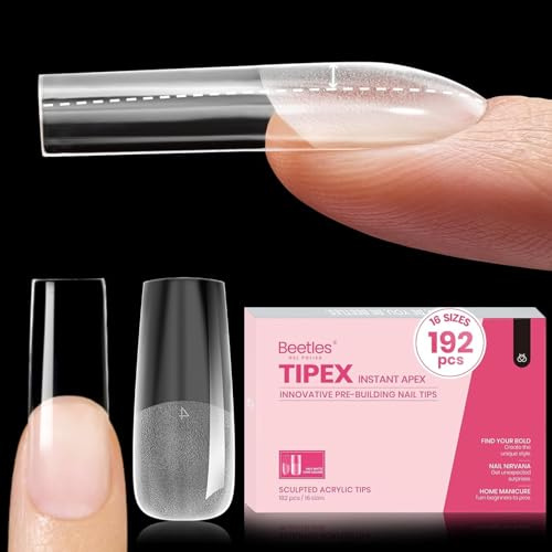 Beetles Tipex Instant Apex Nail Tips, Long Square, 16 Sizes |00–14, 192pcs, Built-In Apex, No Builder Gel Required, Thicker Strong Acrylic Tips for DIY Nail Extensions