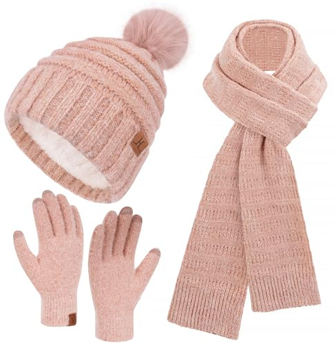 Bequemer Laden Donna Invernale Cappello Pon Pon Sciarpa Lunga Guanti Touch Screen, Termici Beanie Berretto con Fodera in Pile Sciarpe, Regalo Natale