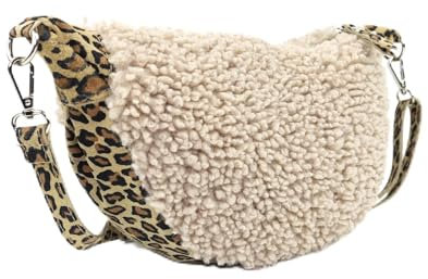 OBC Made in Italy Damen Teddyfell Tasche Leo Muster Plüsch Wildleder Schultertasche Bodybag Umhängetasche Crossbody Helltaupe