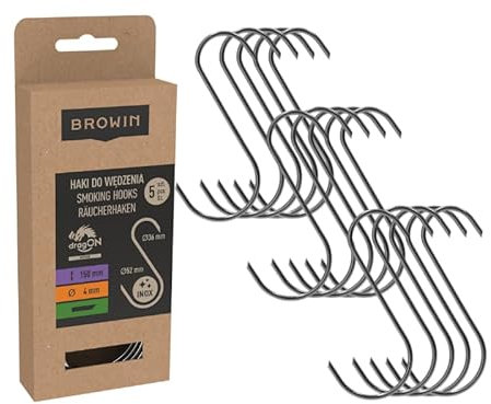 Browin® Traditionelle Raucherhaken 311324 | Haken in S Form - 15 Stück | Hochwertige Edelstahlhaken für authentisches Räuchern | Klassische Fleischhaken | 150 mm, fi 4 mm