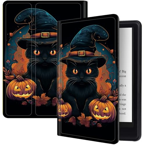 Schwarze Katzen-Halloween-Schutzhülle für Kindle Fire HD 8 und Fire HD 8 Plus Tablet (2024/2022/2020 veröffentlicht 14. / 12. / 10. Generation), PU-Leder, Klappständer, schlanke Hülle mit