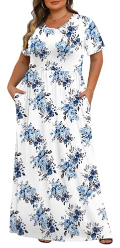 Tencede Womens Plus Size Maxi Dresses Summer 2026 Casual Short Sleeve with Pockets Long Dress 1X-5X, Blue Rose, 5XL