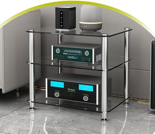 Racks4-nivås glas mediastativ HiFi-ställ AV-komponent skåp stereohylla med härdat glashylla, öppna medieförvaringshyllor stereoskåp (storlek: 56 cm - 22 tum)