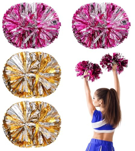 Metallfolie Cheerleader Pompons 4 Stück Cheerleading Pompoms Cheerleader Pom Poms mit Griffen PET Tanzpuschel Cheers Ball Sport Pompons Cheers Zum Schule Sport Tanz Nacht Party Wettbewerb (Rosa&Gold)