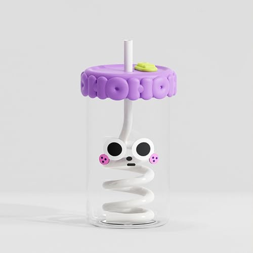 Vaso de cristal con tapa y pajita, 520 ml, diseño bonito para matcha, café, batidos, vasos de café, vasos de cerveza, tazas de viaje, apto para lavavajillas (morado)