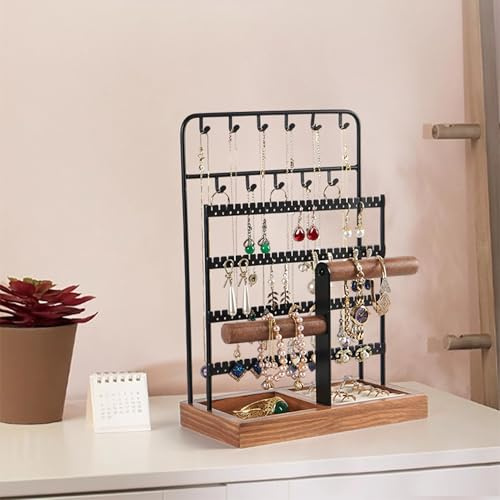 LadjproR Porte-bijoux multicouche, organisateur de bijoux, support de bijoux avec base pour bagues, présentoir à bijoux en bois pour colliers, bagues, bracelets (HS-3C)