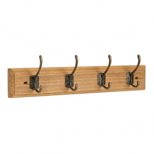LIN HOME XZ-22234-3 Perchero Pared de Madera Rústico con 4 Ganchos Metálicos Vintage - Colgador Decorativo para Entrada, Dormitorio, Baño para Abrigos, Sombrero, Toallas,70x8.5x1.5CM