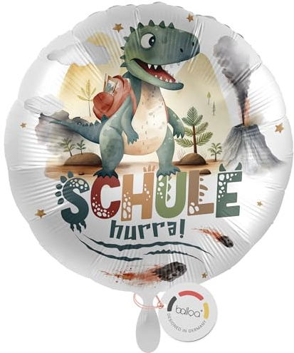 balloa Folienballon XXL Schule Hurra, großer runder Helium Ballon zur Einschulung mit Dino Motiv, Geschenk für Jungen, Einschulungsdeko mit Vulkan und Rucksack, befüllbar mit Luft oder Helium, 53cm